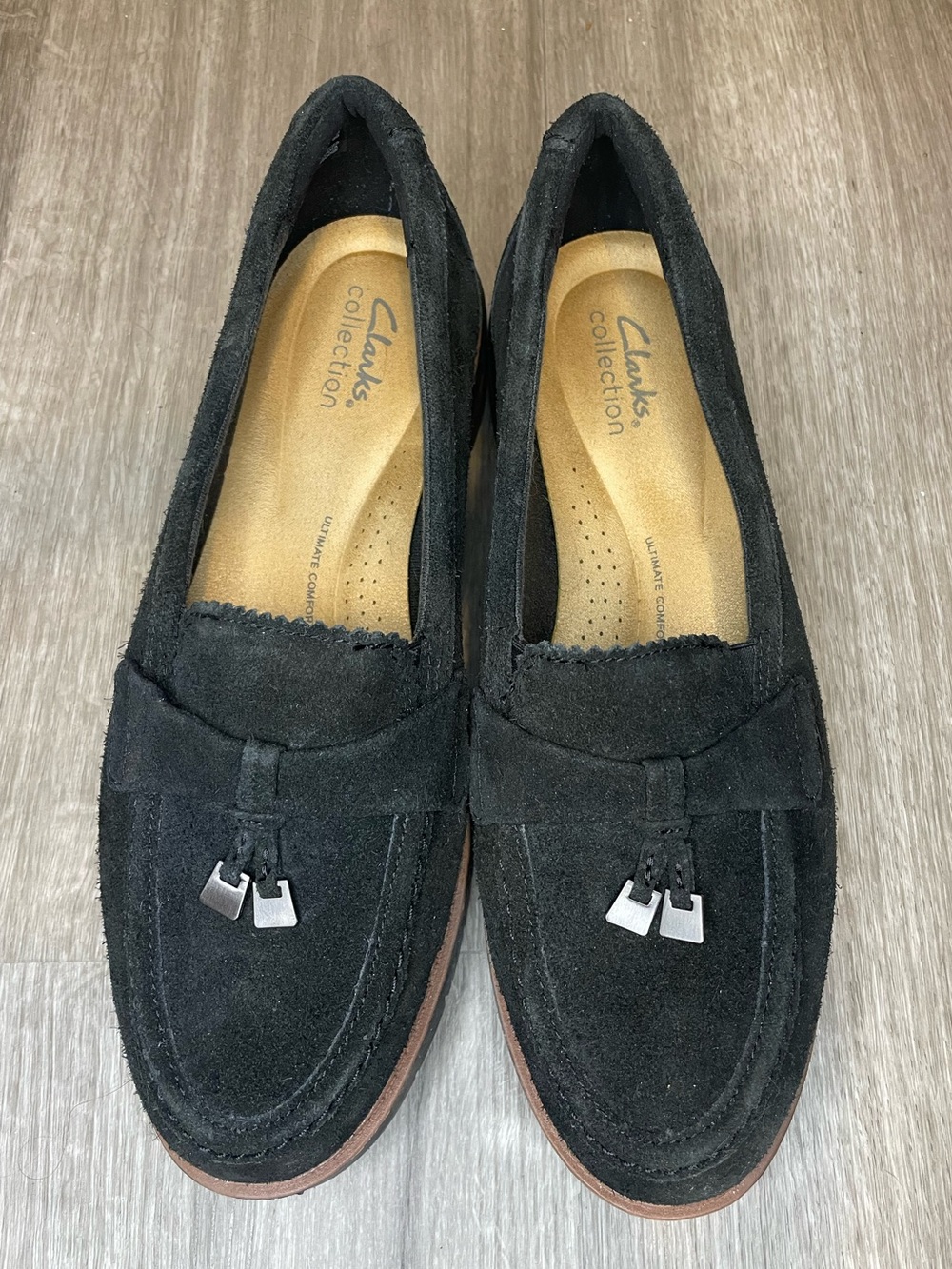 Clarks Black Suede Tassel Loafers